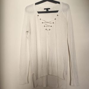 White Knit Lace Up Sweater